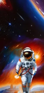 Astronaut walking through a colorful cosmic space scene with stars and galaxies.