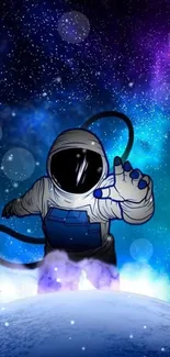 Astronaut reaching out in vibrant cosmic space wallpaper.