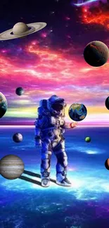 Astronaut among colorful planets in a cosmic scene wallpaper.