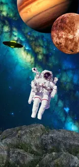 Astronaut floats in vibrant cosmic scene with planets and alien ship.