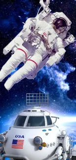 Astronaut floating in deep space with spacecraft and starry background.