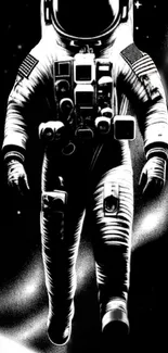 Black and white artwork of astronaut in deep space with stars and planets.