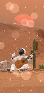 Astronaut plays guitar in desert sunset with a cactus nearby.