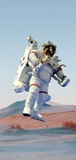 Astronaut floating above a desert under a clear blue sky.