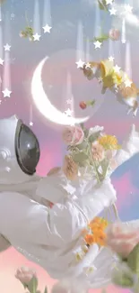 Astronaut with flowers and cat in space wallpaper.