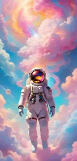 Astronaut floats amidst colorful dreamlike clouds.