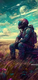 Astronaut seated in a colorful field with a vibrant sky backdrop.