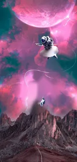 Astronaut floating in pink sky over mountains with a cosmic backdrop.