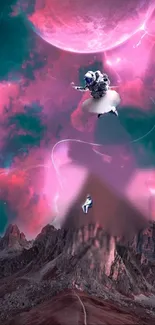 Astronaut floating in surreal pink skies above rocky mountains.