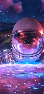 Astronaut floating in vibrant, dreamy space scene with cosmic colors.