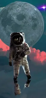 Astronaut floating in space with a large moon and colorful clouds.