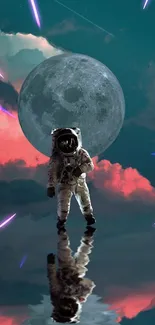 Astronaut walking with moon backdrop and colorful sky.