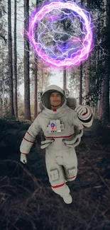 Astronaut in forest under glowing purple orb.