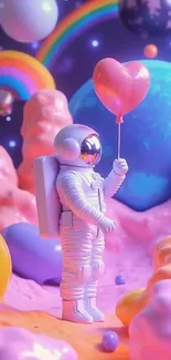 Astronaut holding a heart balloon in a dreamy pastel space scene.