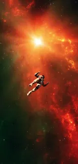 Astronaut floating against a fiery red cosmic background.