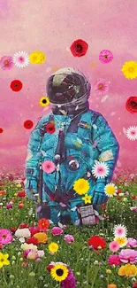 Astronaut in a vibrant flower field with a pink sky background.