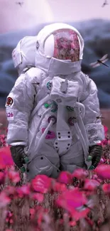 Astronaut standing in a pink flower field.