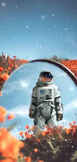 Astronaut surrounded by orange flowers and a bright blue sky.