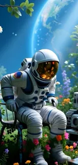 Astronaut seated in a colorful garden with a planetary backdrop.