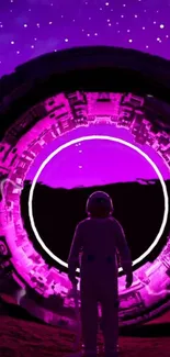 Astronaut stands before a vibrant, futuristic purple portal under a starry sky.