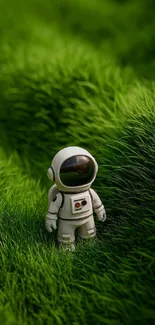 Astronaut in vibrant green grass, whimsical phone wallpaper.