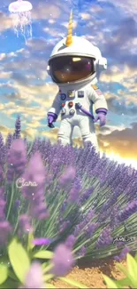 Astronaut with unicorn horn in lavender field under a dreamy sky in mobile wallpaper art.