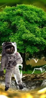 Astronaut in a green, lush landscape within a glass sphere.