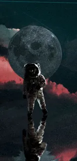 Astronaut reflecting under a full moon with teal clouds.