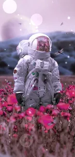 Astronaut in a pink field with distant planet.