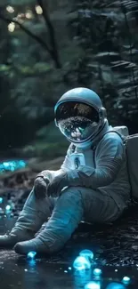 Astronaut sitting in a forest with glowing blue lights around.