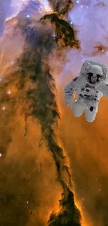 Astronaut floats in an orange nebula with stars in the background, mobile wallpaper.