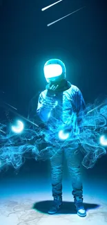 Astronaut in neon blue light with cosmic elements.