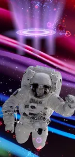 Astronaut floating with neon lights in cosmic space background.