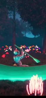 Astronaut paddling through a neon-lit forest with colorful flowers.