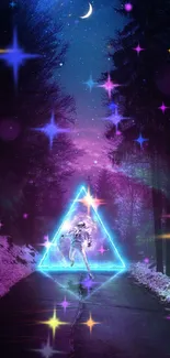 Astronaut walking through a neon-lit forest under a cosmic night sky.