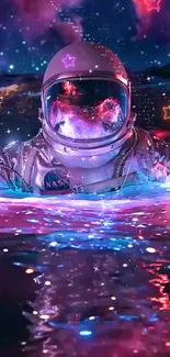 Astronaut floating in a vivid neon galaxy landscape.