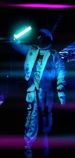 Astronaut under a neon blue light in a futuristic setting.