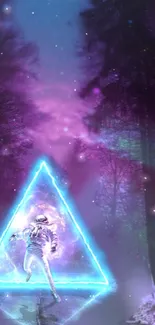 Astronaut in neon triangle within purple forest.