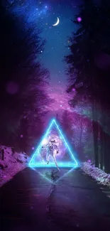 Astronaut in a neon triangle amidst a cosmic forest at night.