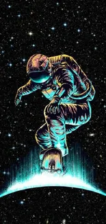 Neon astronaut floating in cosmic space, vibrant mobile wallpaper.