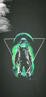 Neon astronaut in geometric design on black background.