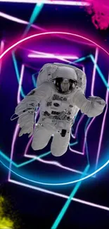 Astronaut floating in vibrant neon tunnel with colorful geometric patterns.