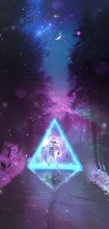 Neon astronaut in a surreal forest landscape with starry sky backdrop.