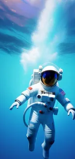 Astronaut floating in vibrant blue ocean depths, blending space and sea themes.