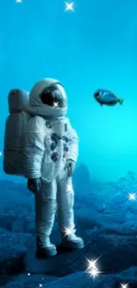 Astronaut meeting fish under sea with stars.