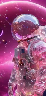 Astronaut in a vibrant pink galaxy setting.