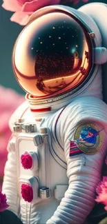 Astronaut in white suit surrounded by pink roses.