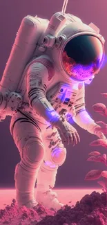 Astronaut exploring pink cosmic landscape with futuristic design.