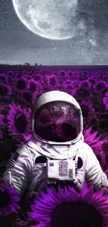 Astronaut walking through purple sunflower field under a large moonlit sky.