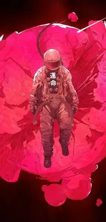 Astronaut floating in a red cosmic sphere with a dark background.